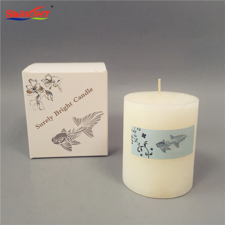 White Scented Pillar Candle with Label Sticker Color Box
